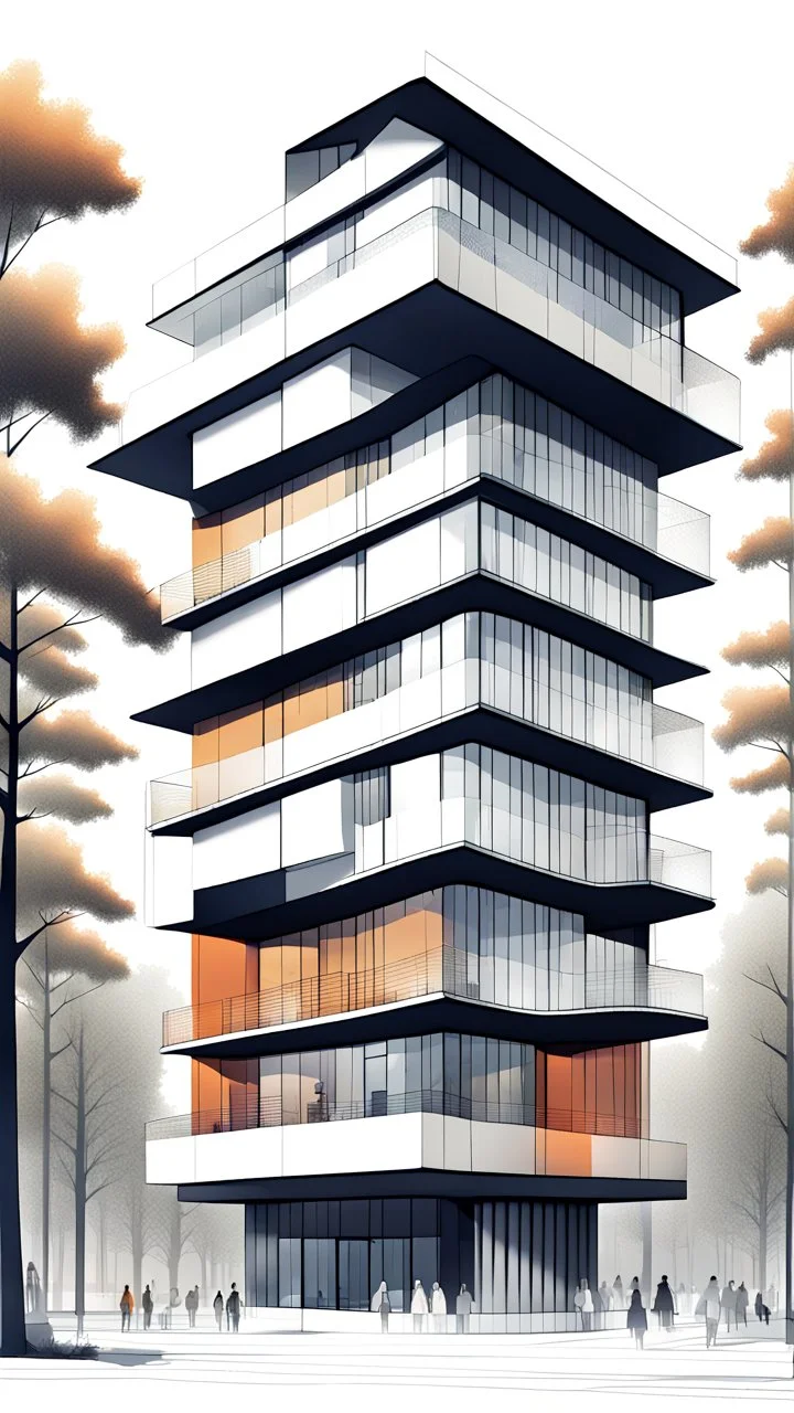 Dibujo arquitectónico de un edificio de cinco pisos, moderno, diseñado aplicando la proporción, estilo minimalista futurista, calidad ultra, gente, árboles, colores complementarios