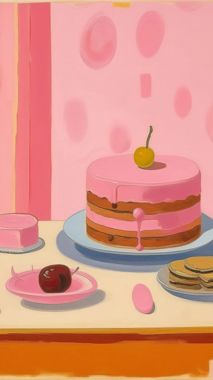 A pink sweet plain made out of cake and cookies painted by Lyonel Charles Feininger