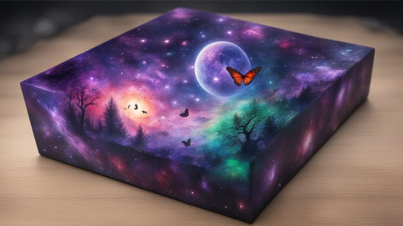 a box 10 cm long by 5 cm wide and 25 cm high, drawn on a box on all sides, space, tress, planets, butterfly nebula, crow galaxies a lot of colours purple, green and red, portal too others galaxy, realistic