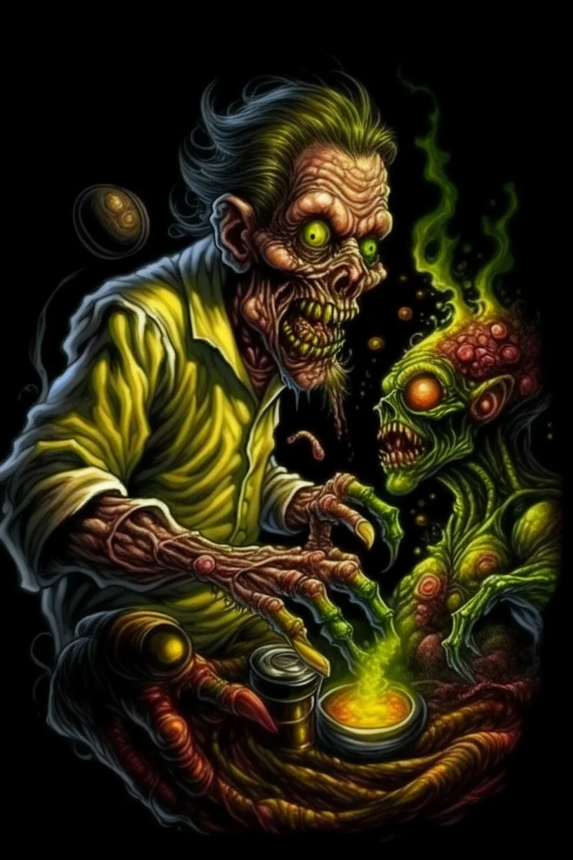 High_Quality_Art Digital Painting of Science experiment Horror Cronenberg Monster zombie creature by Richard Corben, Todd Schorr, T-Shirt Design, Black Background,