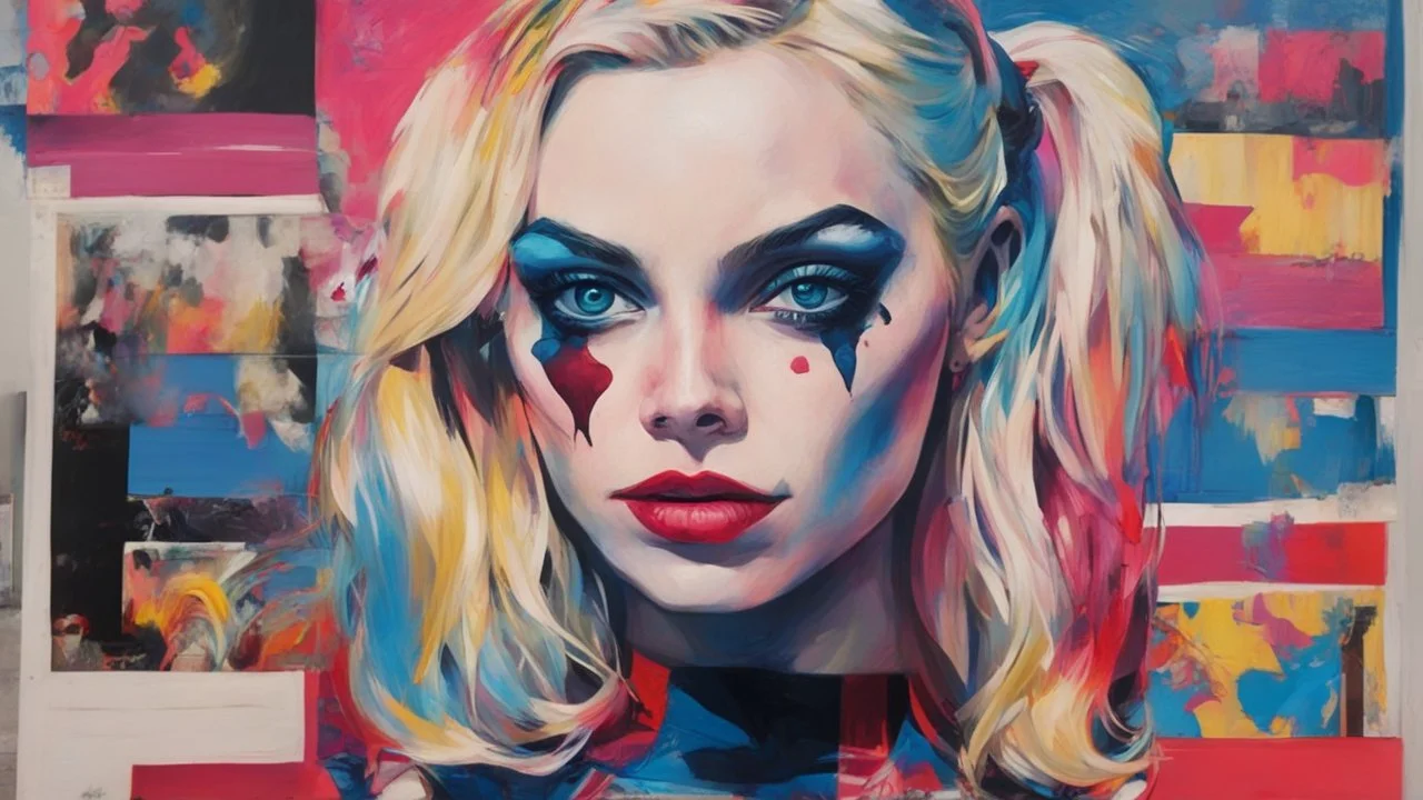 Suicide Squad Harley Quinn Margot Elise Robbie Pop Art psychology oil paiting In depth psychology display Roy Fox Lichtenstein style, dream, symptom, image in the background in the city artgerm display Gustav Klimt style artgerm display in the Barcelona the 2024th century oil paiting. and the city itself seemed like a big illusion, full of light and shadows. Barcelona city the 2024th century, DeepDream-generated image depicting …