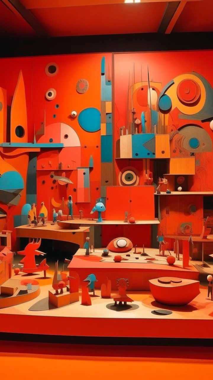 A salmon orange colored workshop made out of toys painted by Wassily Kandinsky