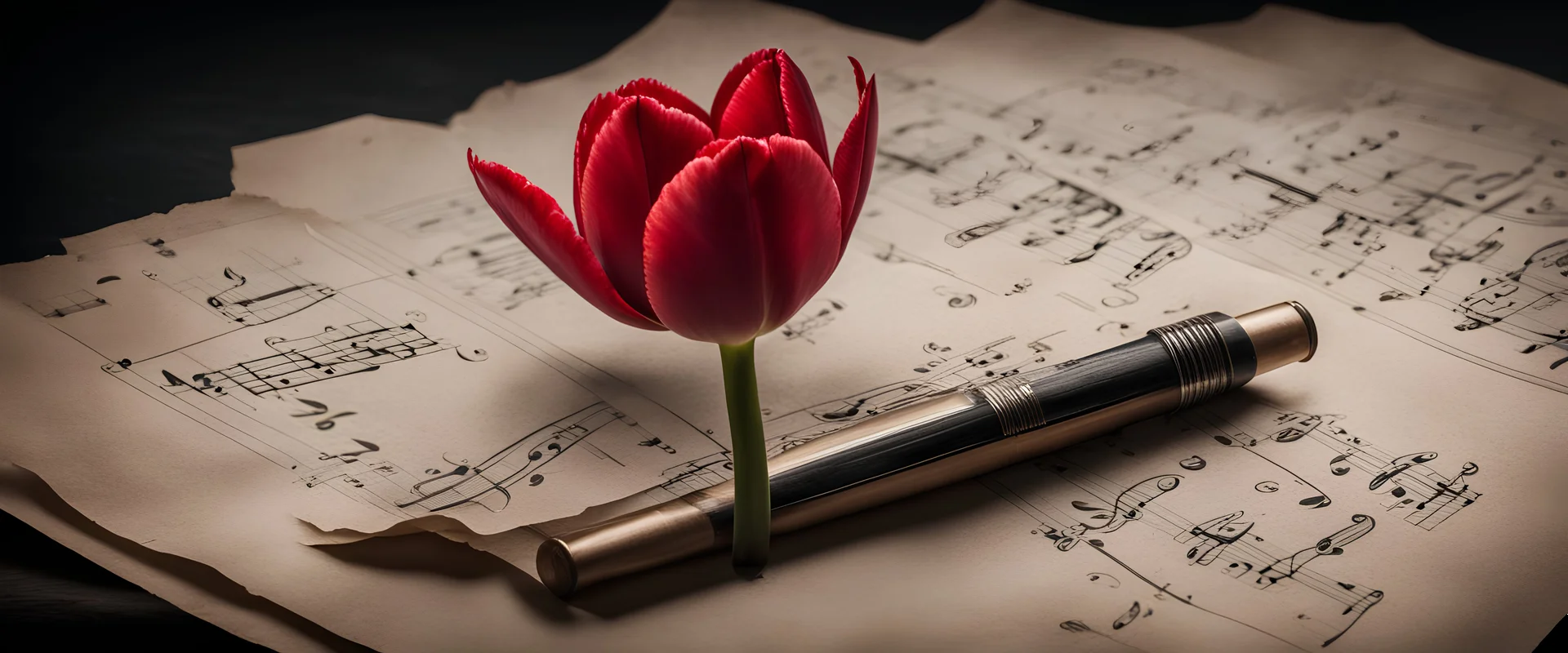 Hyper realistic red tulip on the side of a vintage paper with harmonica instrument & small musical notes with dark background