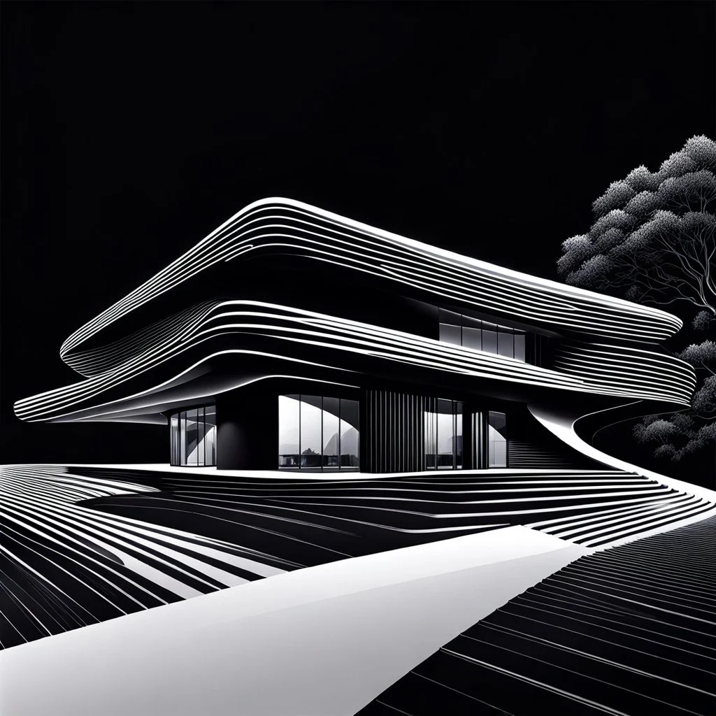 Casa campestre estilo Zaha Hadid, аrte lineal, fondo negro, cuerpo completo retrato