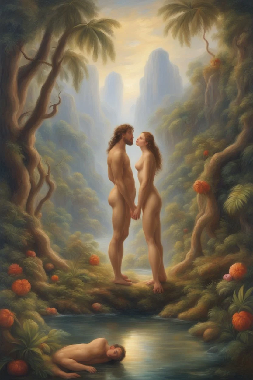 Adam and Eve in a very beautiful paradise, in the style of oil painting