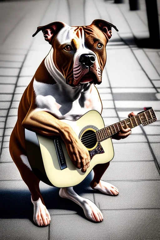 One single mature light Staffordshire terrier, friendly, playing guitar in the street , Vienna, opera, sunny day, model style, hyper realistic, extremely accurate, delicate, extremely detailed, Graphic novel style, wide-angle, open aperture, superfine pencil