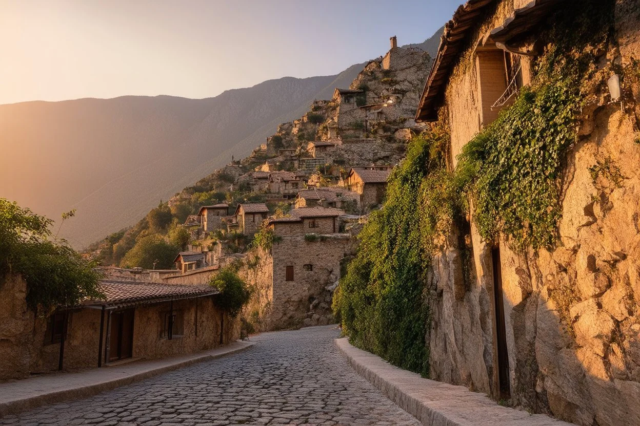 Medieval village from the perspective of a cobblestone road at sunset. The road and village continue to ascend into the mountains, with stone and wooden houses blending seamlessly into the rocky recesses of the mountain, reflecting the golden hues of the setting sun and the growing ivy. In the background, the majestic mountains feature large cultivated terraces and pronounced limestone gorges with hanging vegetation and meltwater streams.