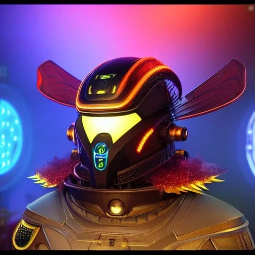 cyber bee, sci-fi, rounded face, blood, black, gold, brown, samurai helmet, decorative color feathers, retro, simetric, circuits, neon style, a lot of led lights, fog, rain, leather, vibrant color, highly detailed, art stations, concept art, smooth, unreal engine 5, god rays, ray tracing, RTX, lumen lighting, ultra detail, volumetric lighting, 3d, finely drawn, high definition, high resolution.