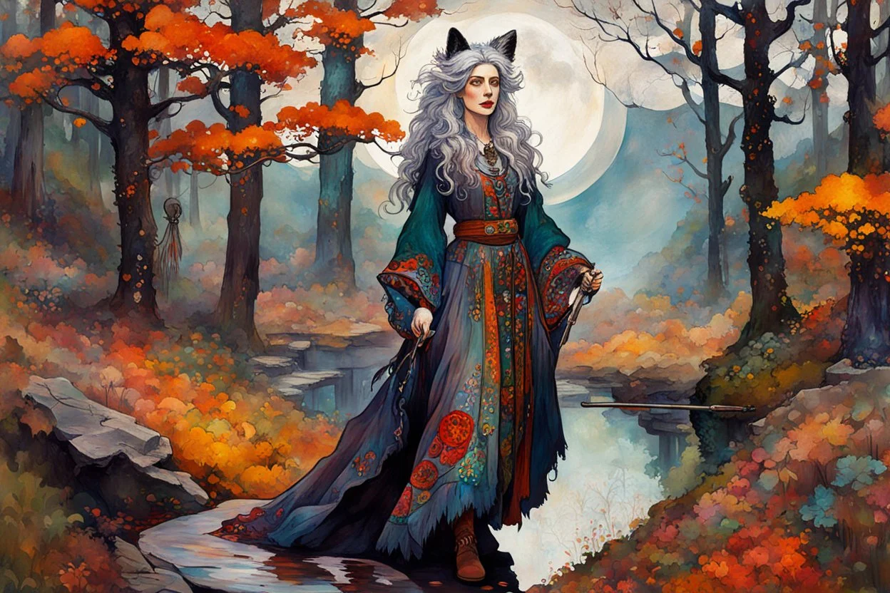 full body, close up portrait, of a cool female silver fox bohemian , with highly detailed hair and facial features, in a flowing, ornate peasant dress in an otherworldly, mystical and enchanted forest ,in the painting style of Egon Schiele, Arthur Streeton and Peter Wileman in vibrant autumnal colors