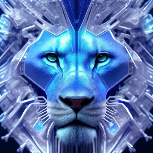 A beautiful portrait of a cyborg lion blue color scheme, high key lighting, volumetric light high details psychedelic background