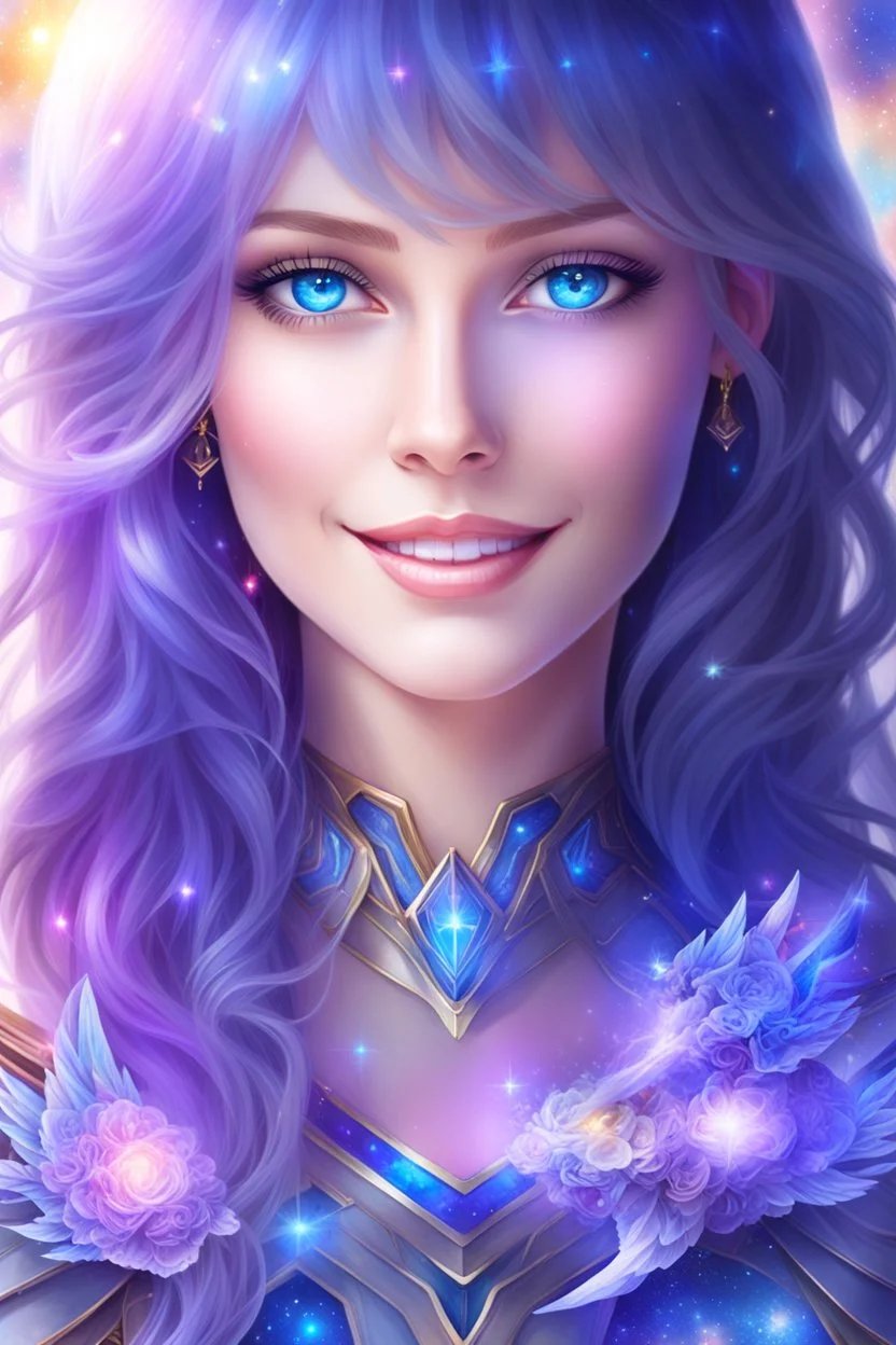 cosmic woman angels smile, admiral from the future, one fine whole face, crystalline skin, expressive blue eyes,rainbow, smiling lips, very nice smile, costume pleiadian, Beautiful tall woman pleiadian Galactic commander, ship, perfect datailed golden galactic suit, high rank, long blond hair, hand whit five perfect detailed finger, amazing big blue eyes, smilling mouth, high drfinition lips, cosmic happiness, bright colors, blue, pink, gold, jewels, realist, high commander,ufo rainbows