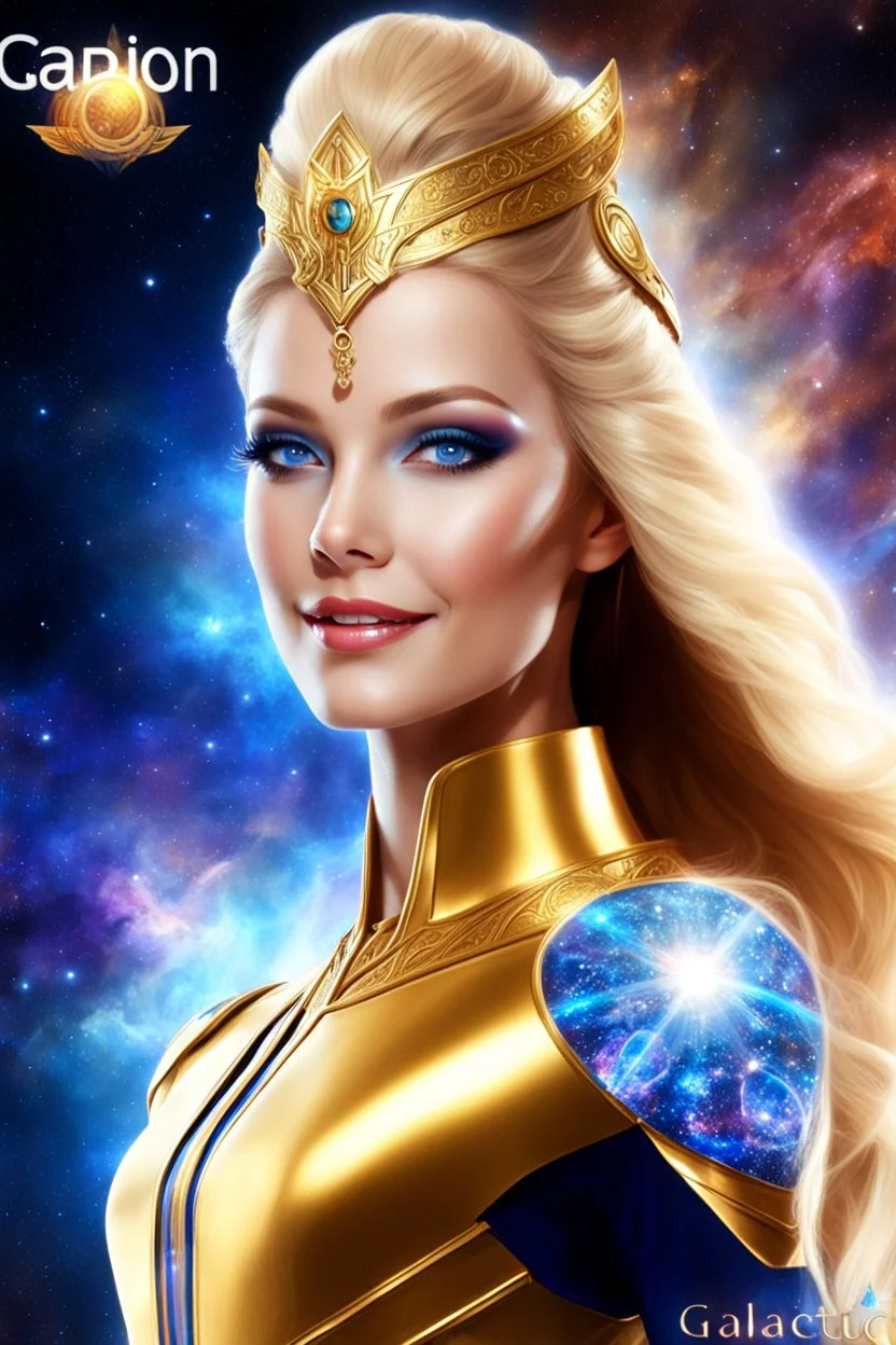 cosmic woman angels smile, admiral from the future, one fine whole face, crystalline skin, expressive blue eyes,rainbow, smiling lips, very nice smile, costume pleiadian, Beautiful tall woman pleiadian Galactic commander, ship, perfect datailed golden galactic suit, high rank, long blond hair, hand whit five perfect detailed finger, amazing big blue eyes, smilling mouth, high drfinition lips, cosmic happiness, bright colors, blue, pink, gold, jewels, realist, high commander,ufo rainbows