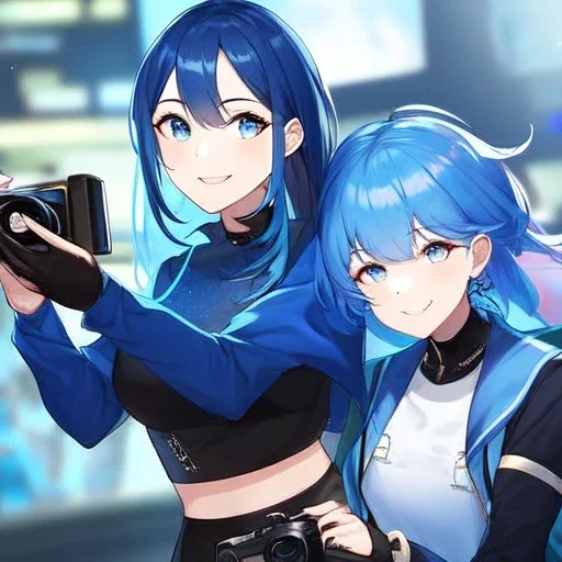 Clear focus,High resolution, Vibrant short blue hair, Vibrant blue eyes, Wearing a black short skirt,black crop top sleevelss,blue cut sleeves,black fingerless gloves, Smiling,Long bangs, Smiling, Holding the camera