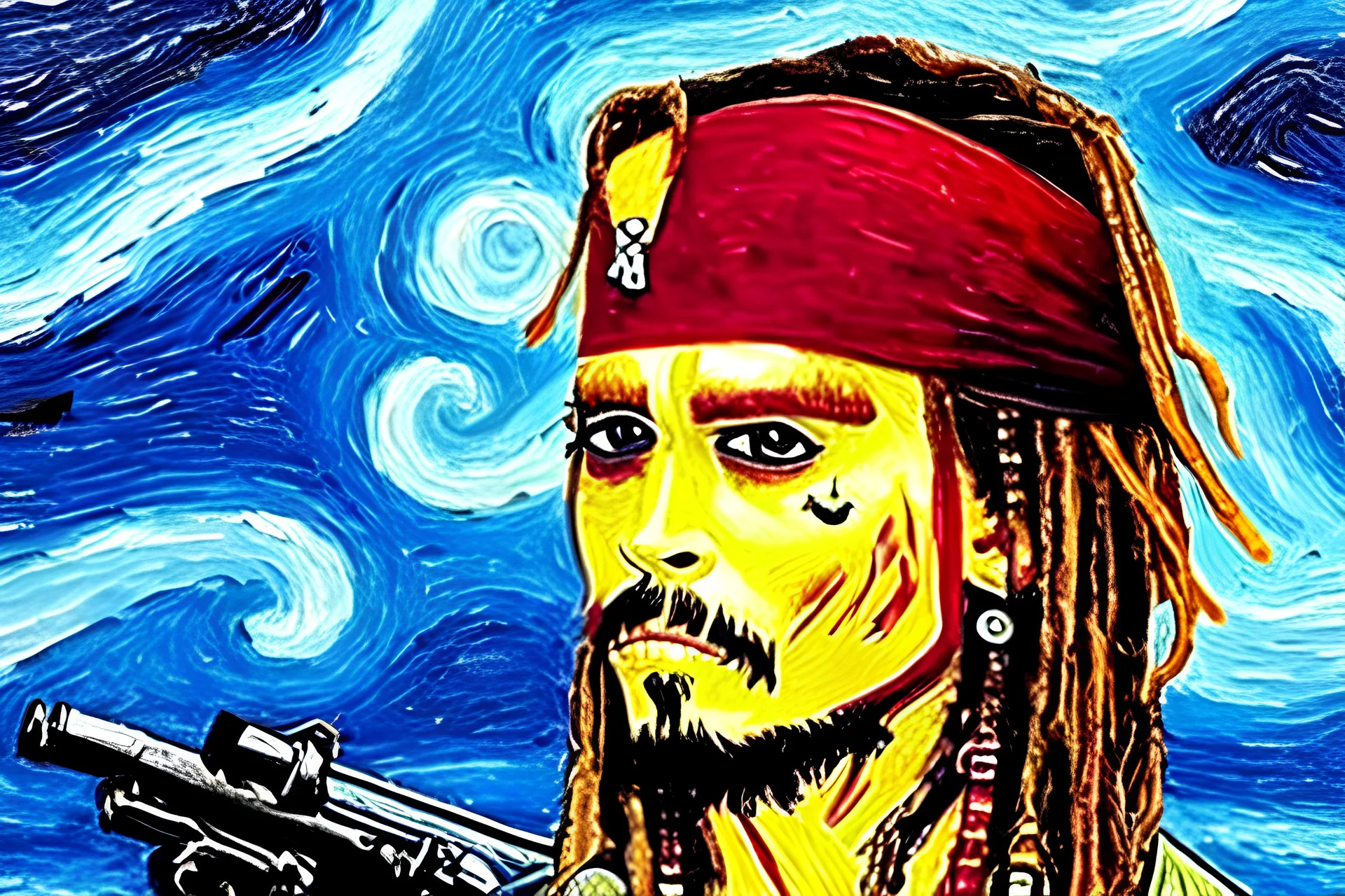 captain Jack Sparrow as Terminator van gogh painting