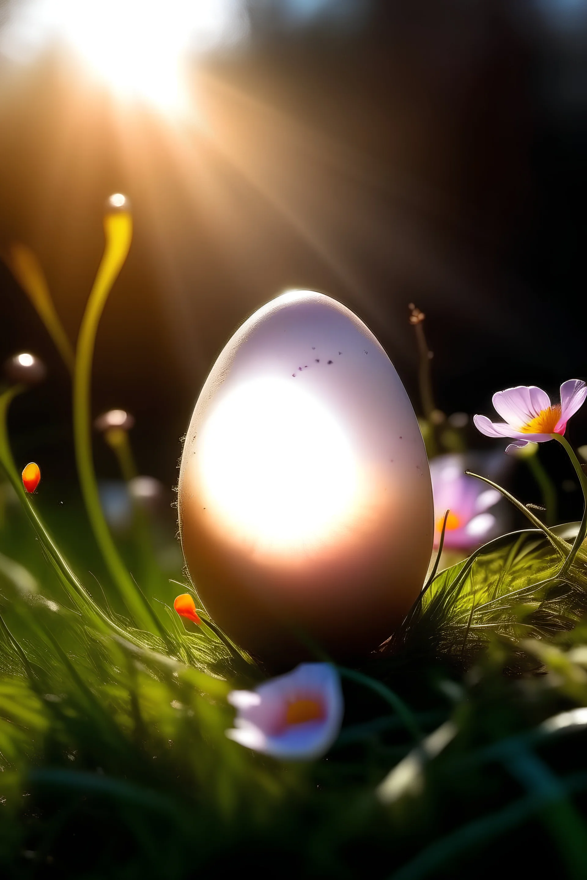 Opened eggshell in the cosmo: a beam of light coming out from it; soft meadow covered in flowers, smooth and lightful