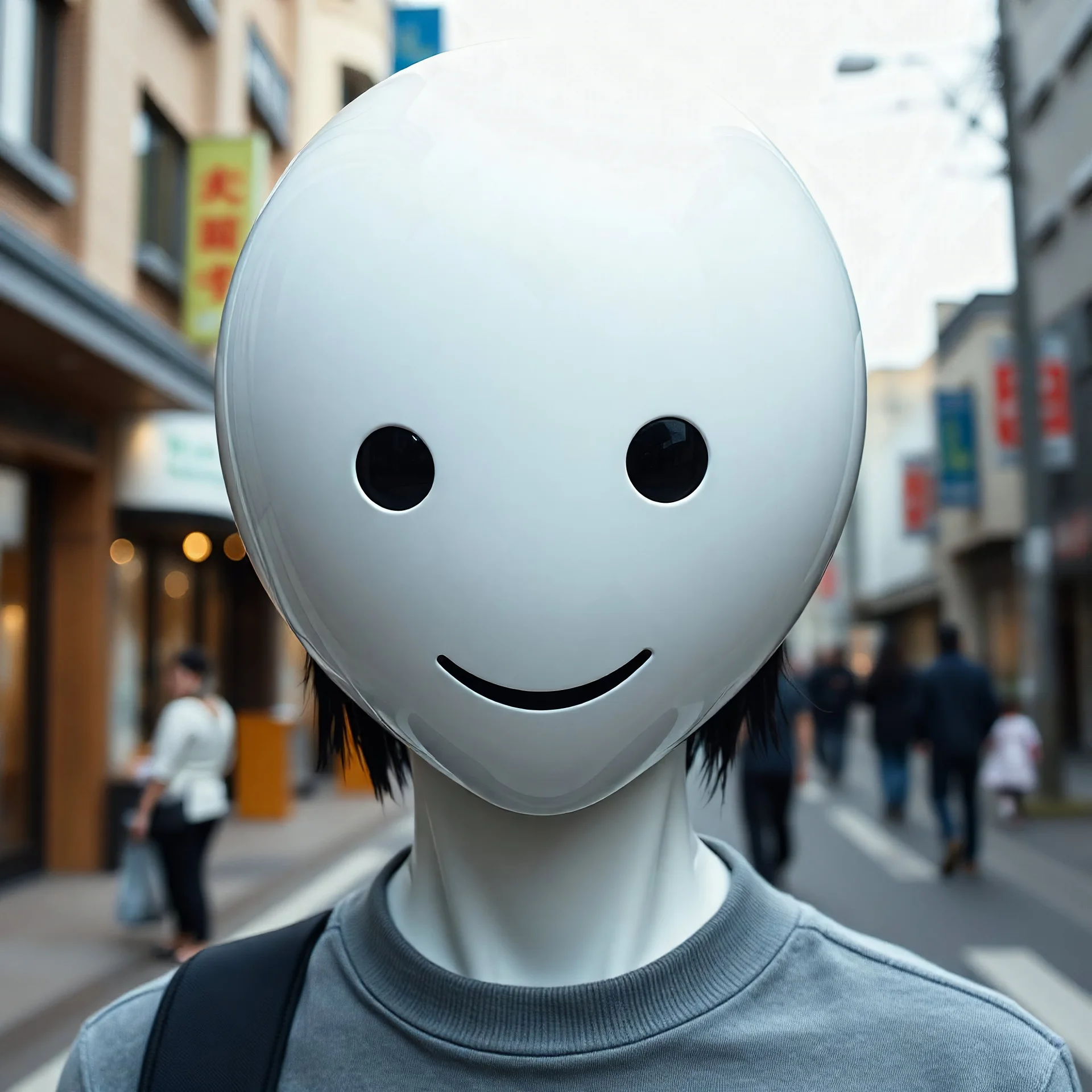 on street there is a unique human with white reflective head and 2 black circle eye and black :D open smile realistic, black hair, and normal clothes