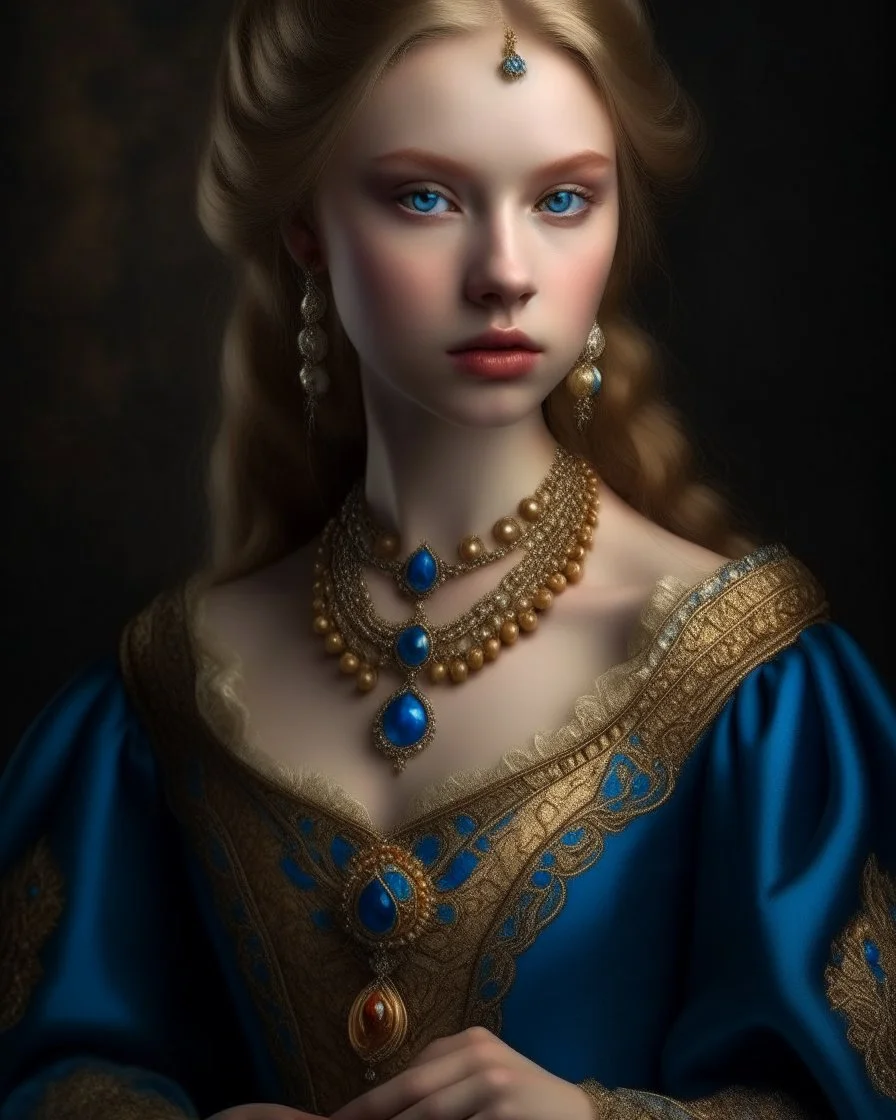 Young noble lady with golden hair and striking blue eyes. Elegant medieval dress with fine embroidery. Adorned with gemstone jewelry. Graceful posture, confident expression. Aristocratic features. Fantasy court setting, refined atmosphere.