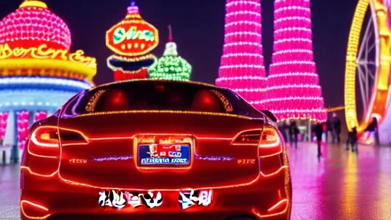 A Tesla's 'Model S Plaid' is doing donuts, at 'Lotte World', in Seoul (South Korea). CINEMATIC. WIDE ANGLE LENS.