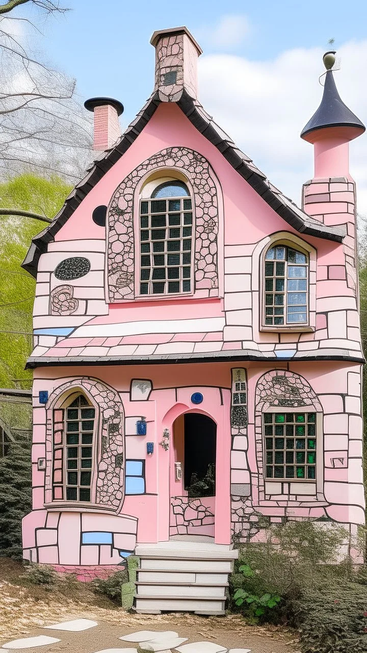 A light pink magical witch's house painted by Jean Dubuffet