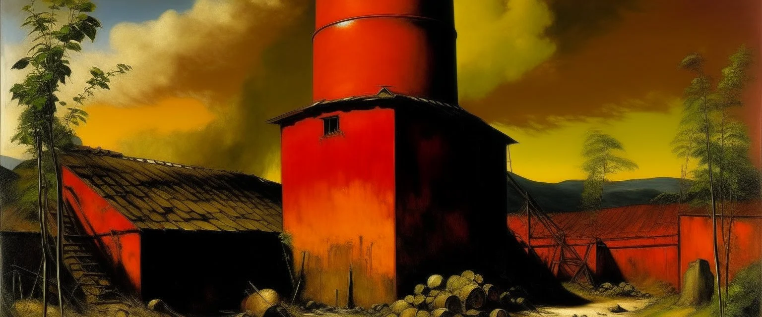 An orange colored plasma plant facility painted by Gustave Courbet