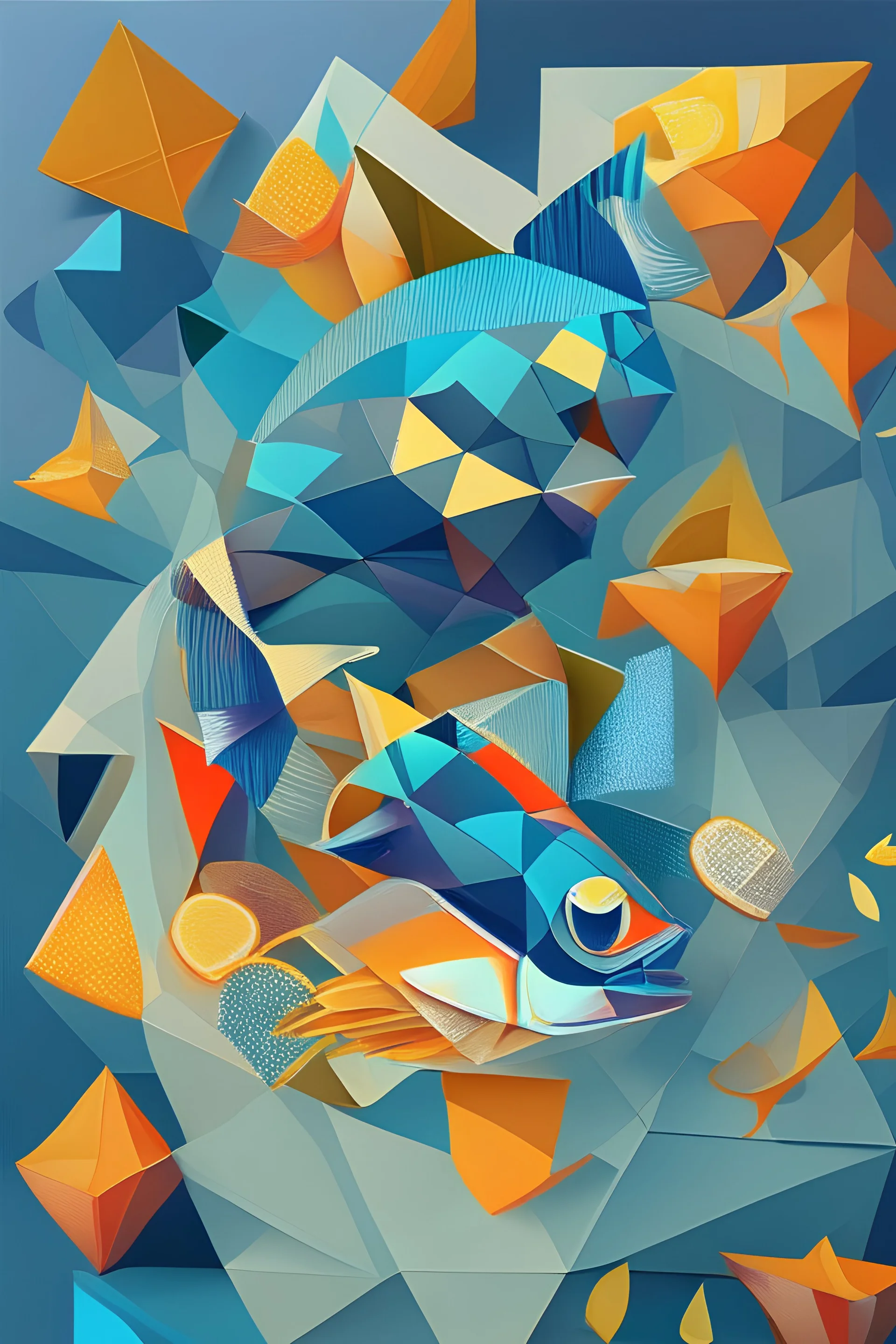 fish and chips, deconstructed, abstract cubist painting, Neo-Cubism, layered overlapping geometry, art deco painting, Dribbble, geometric fauvism, layered geometric vector art, maximalism; V-Ray, Unreal Engine 5, angular oil painting, DeviantArt