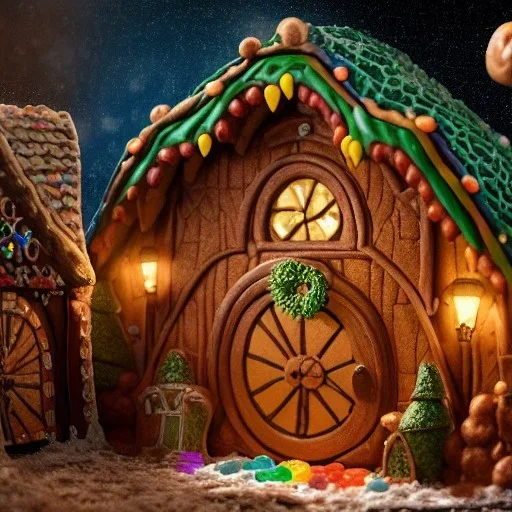 an intricate hobbit-style gingerbread house with rainbow sprinkles, frosting, vibreant crushed candy, 8k resolution, centered, high-quality, ultrafine-detail, digital art, flickering light, detailed matte, volumetric lighting, illustration, 3D octane render, brian froud, howard lyon, ben goossens, George Grie, greg rutowski, alphonse mucha