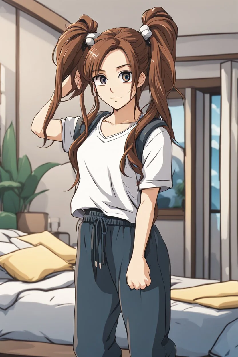 attractive anime woman with brunette long hair tied into twin ponytails, t-shirt and sweatpants, full body in frame, bedroom setting