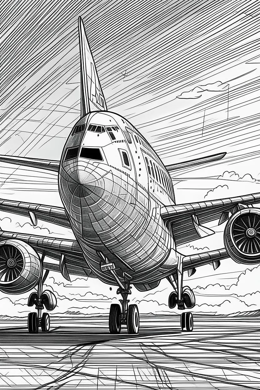 Outline art, no shading, aeroplane on the ground, black and white, no shading, ow detail, --ar 9:11