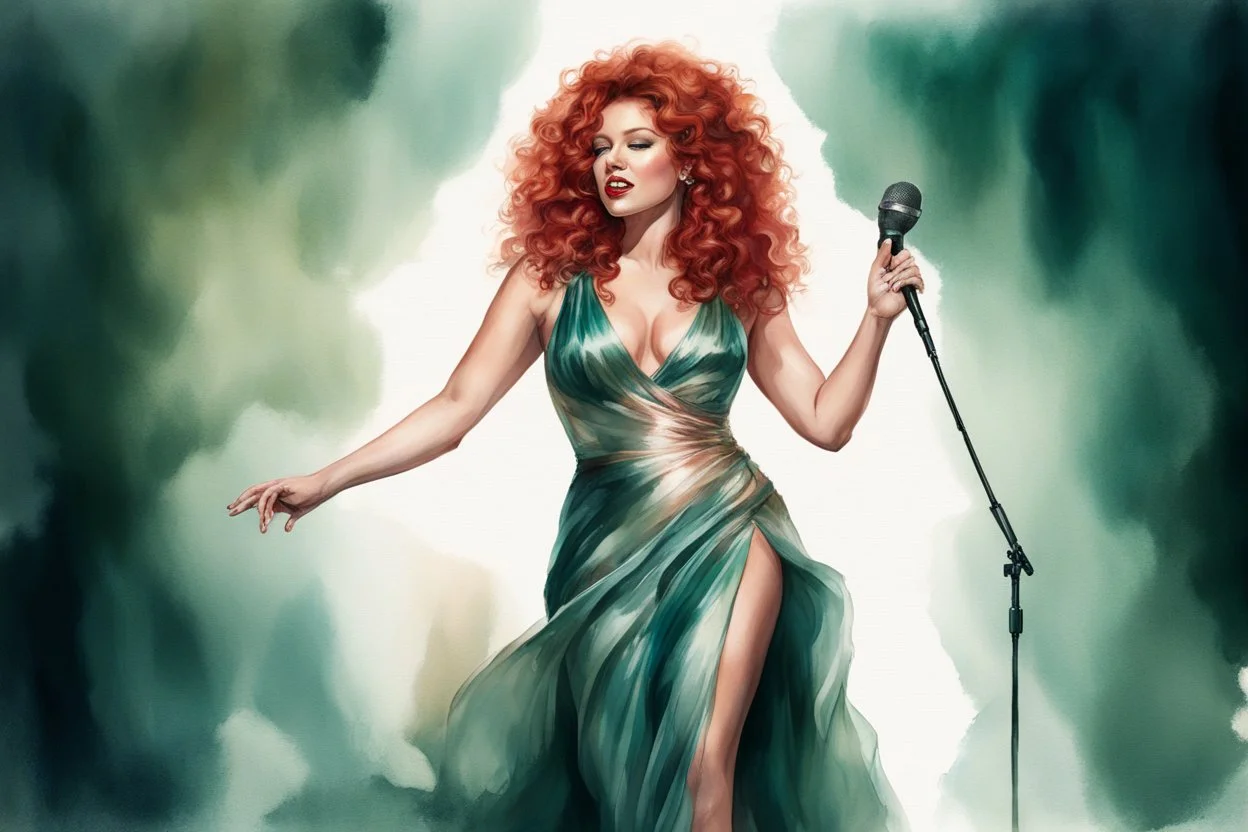 full figure, red curly hair upswept gorgeous singer on a stage in front of a microphone, sleeveless rose gold shiny silk long dress, the dress goes down to bluish green, photorealistic watercolour