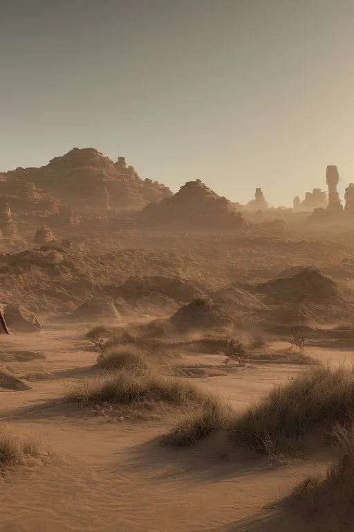 alien buildings, in the desert, surrounded by acacia trees, dunes, pathways, lake, roads, mountains, blue sky