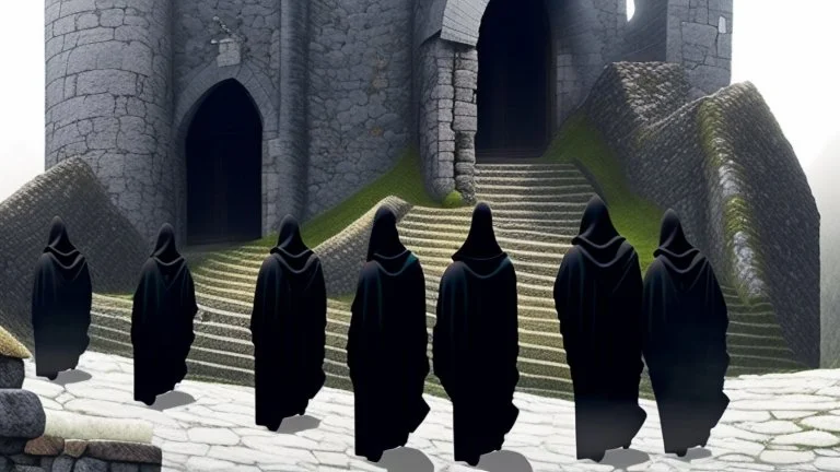 black robe hooded monks in the stone castle