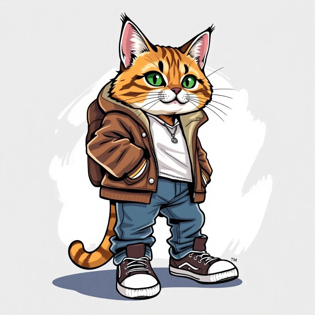 Vector illustration of anthropomorphic cat, with jacket, jeans and tennis shoes. Ultra quality, hyper detailed, work of art