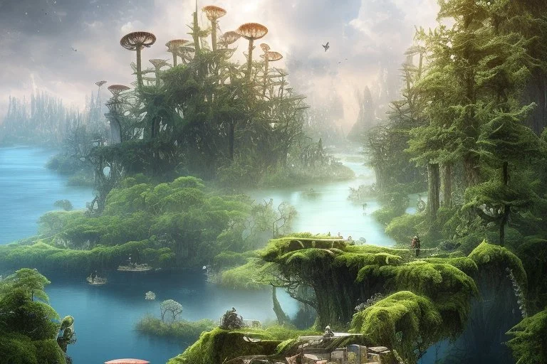 looking out over a lake, in an alien forest, with tall cloud trees, flying Portuguese men of war with octopus tentacles A skinny woman with a Cleopatra hairstyle, short skirt, and knee-high boots, looking out over a lake, in an alien forest, with tall cloud trees, flying mushrooms with octopus tentacles