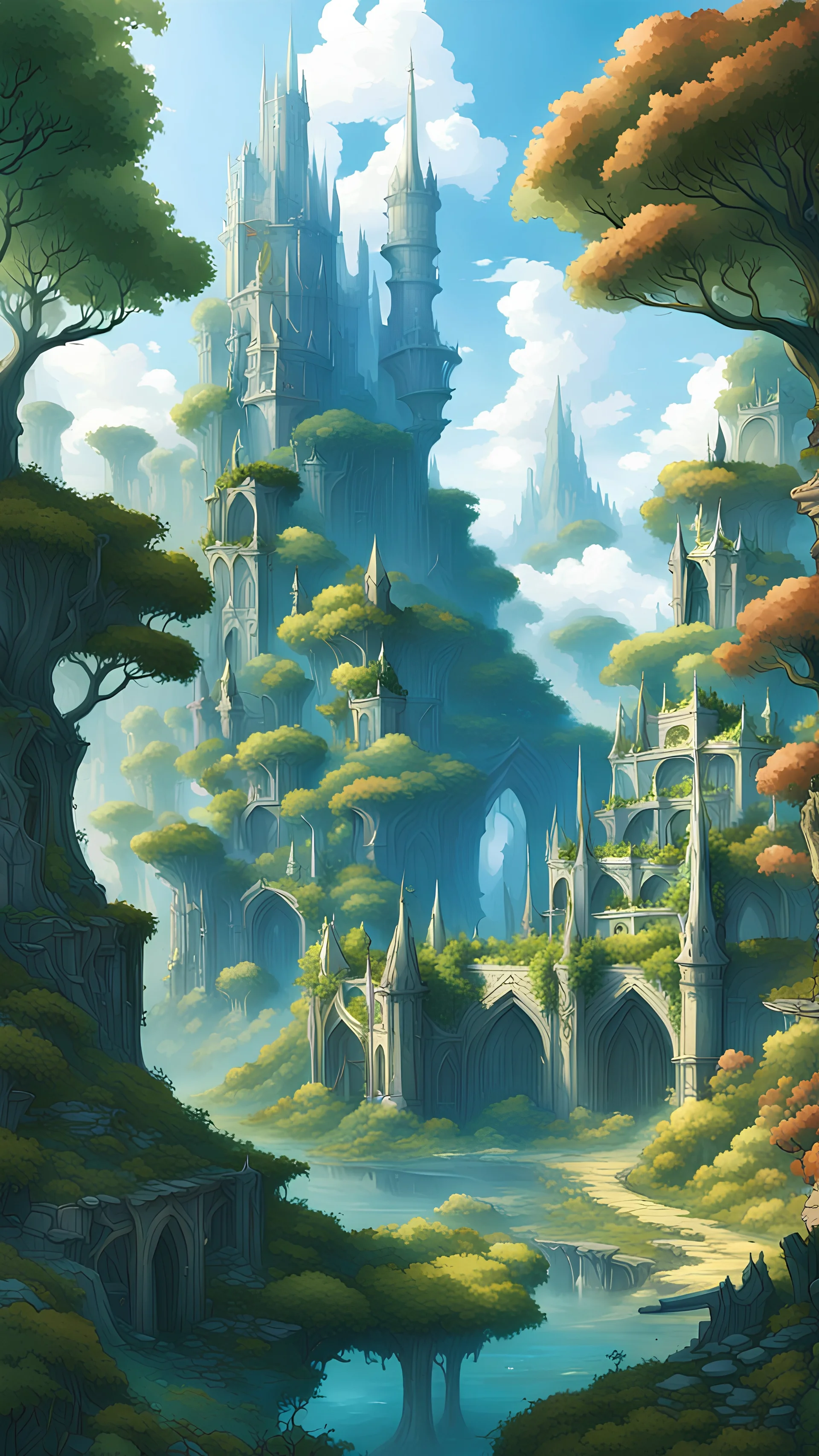 An ancient abandoned elvish city that a forest has grown over, over the centuries in high fantasy style that gives off a cozy vibe, only light blueish redish hue