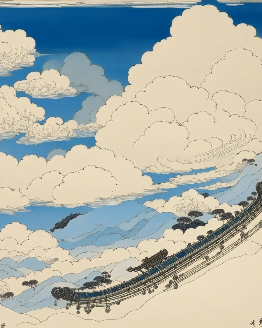 A white sky with musical instrument-shaped clouds painted by Katsushika Hokusai