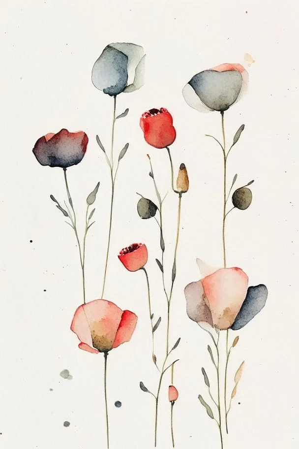 A minimalist watercolor painting of a group of poppies and tulips with a white background, inspired by the work of Luke Chueh. The flowers are losing their petals, but remain beautiful in their imperfection. The muted colors evoke a sense of poetry and spiritual evolution, while the connectedness of the flowers is emphasized by their placement on a postage stamp. This painting would make a great addition to any Pinterest board.