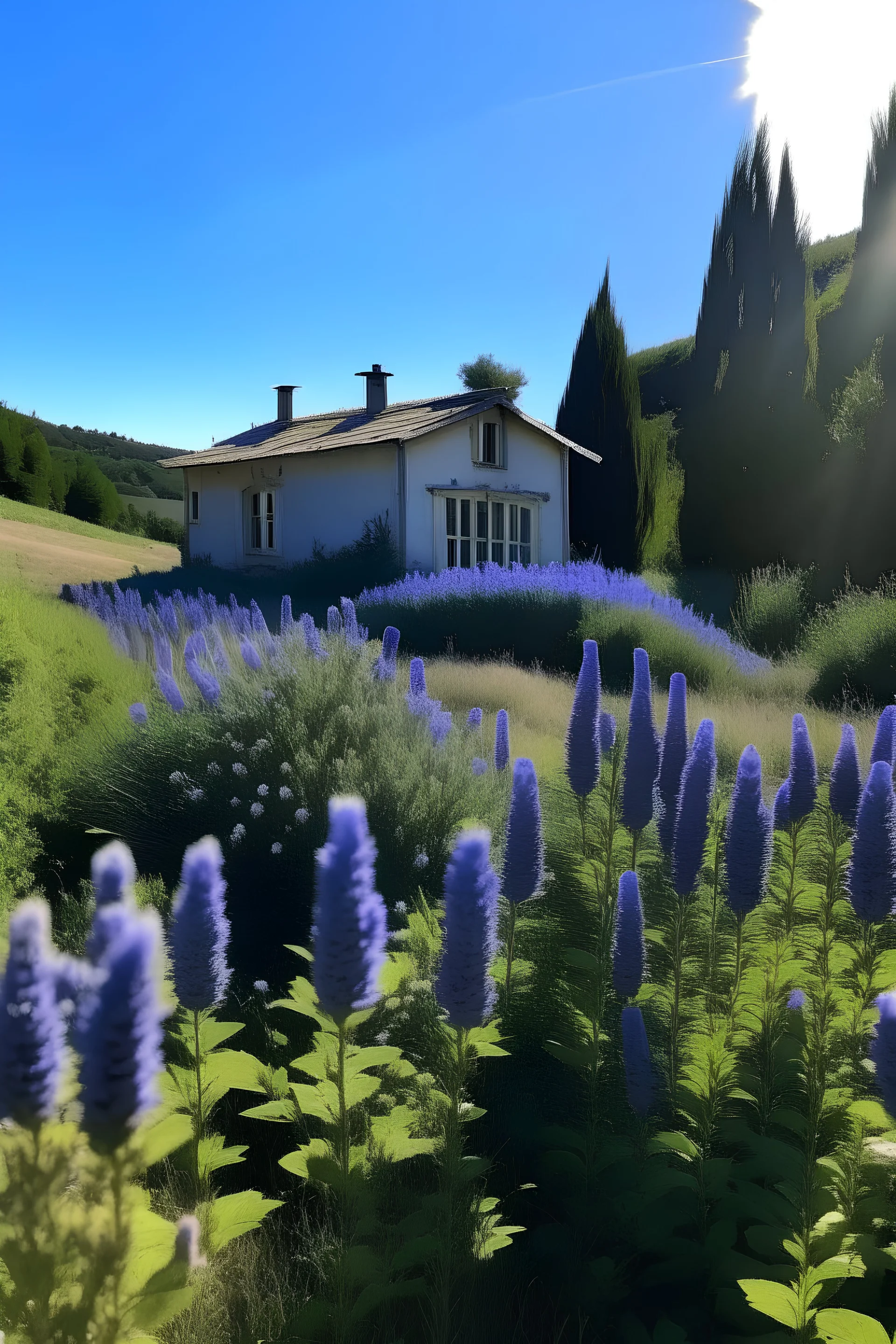 cabaña en la montaña, planta de lavanda, dia soleado