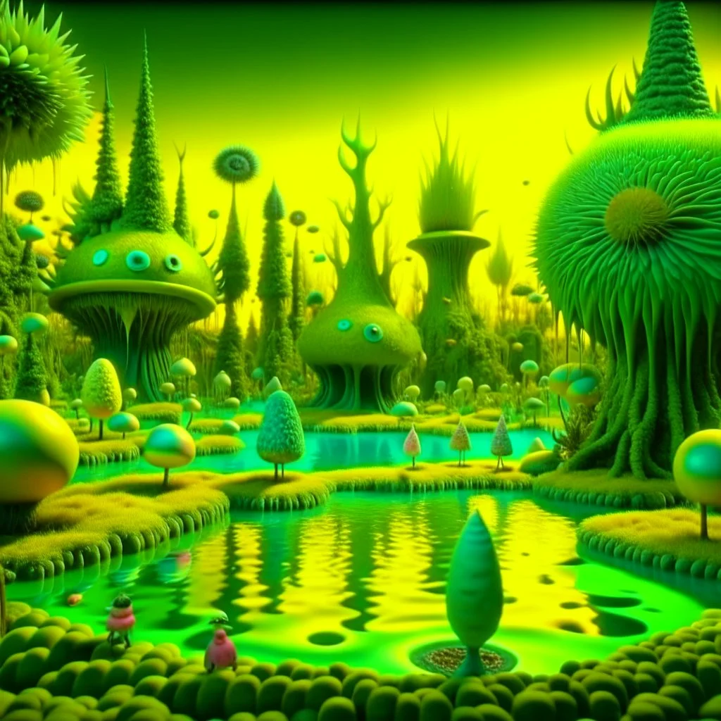 Odd swamp landscape with odd beings walking, surreal abstract Max Ernst style, Tim Burton, Audubon, sharp focus, 8k, deep 3d field, very detailed, volumetric light, ornate, F/2.8, insanely detailed and intricate, hypermaximalist