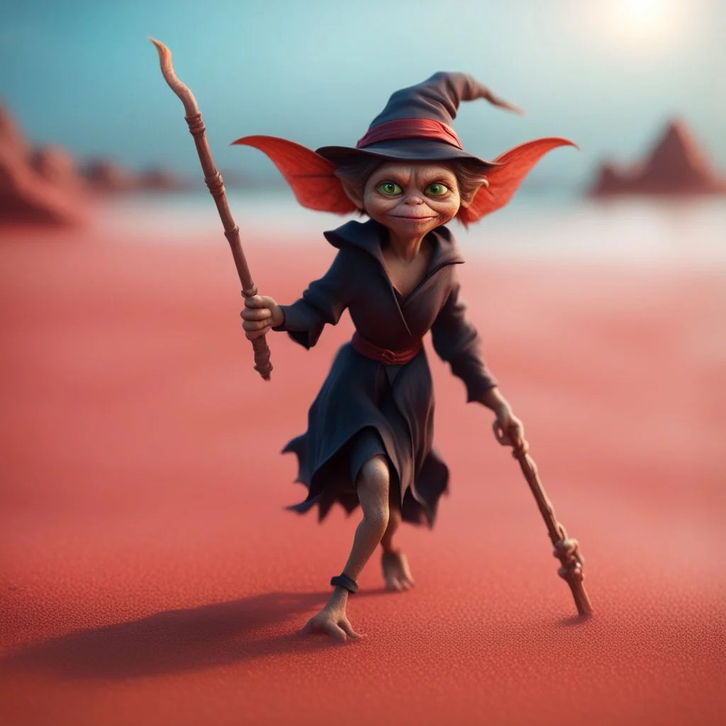 elongated gremlin flying broomstick female witch on a red sand beach ,bokeh like f/0.8, tilt-shift lens 8k, high detail, smooth render, down-light, unreal engine