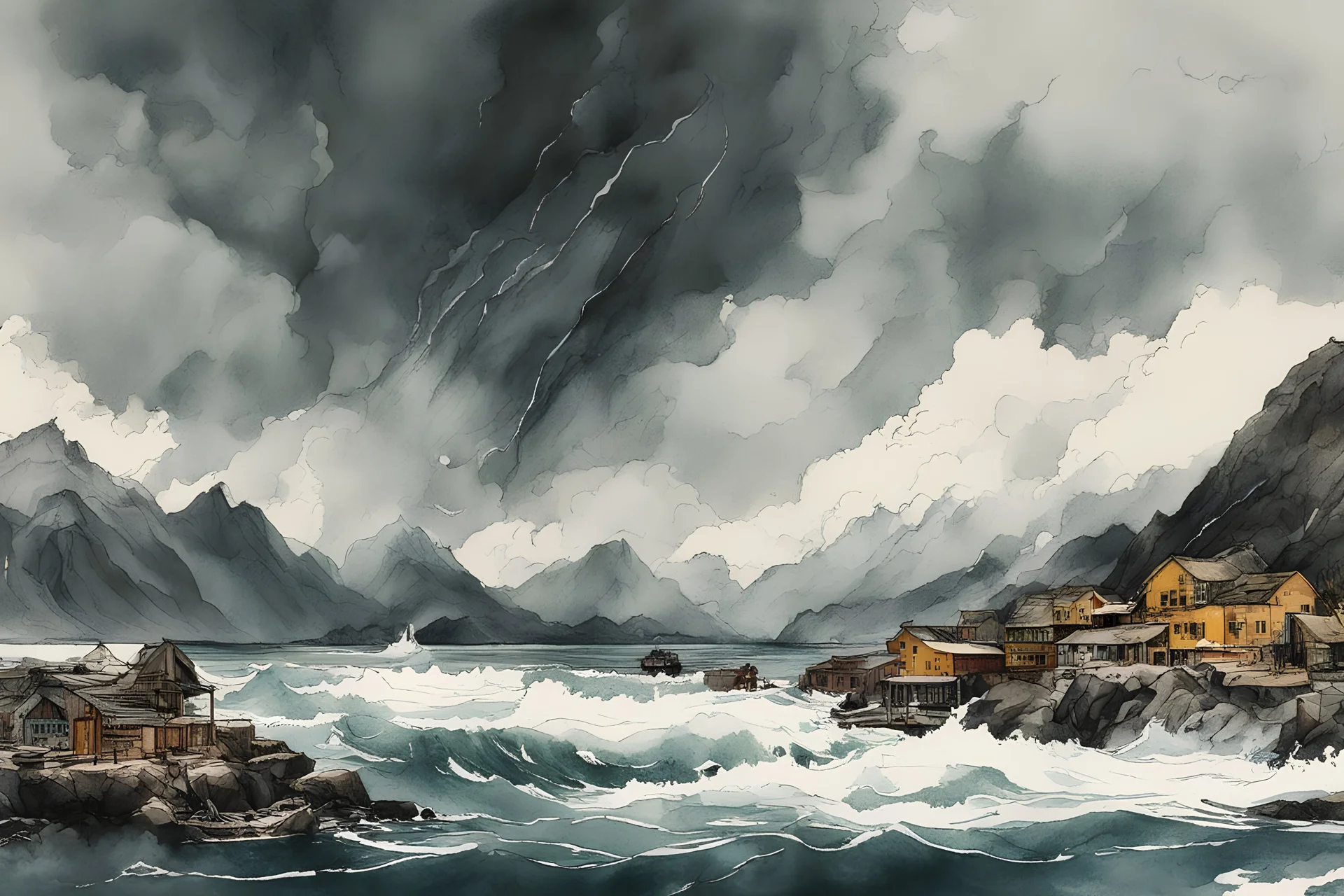 an abstract ink wash and watercolor lithographic illustration of a storm tossed, highly detailed coastal fishing village in the mountainous islands of Lofoten , with ominous storm of the century thunderheads and pounding surf , finely drawn and inked, 4k, hyper detailed and vibrantly colored in the comic art style of Bill Sienkiewicz and Frank Miller