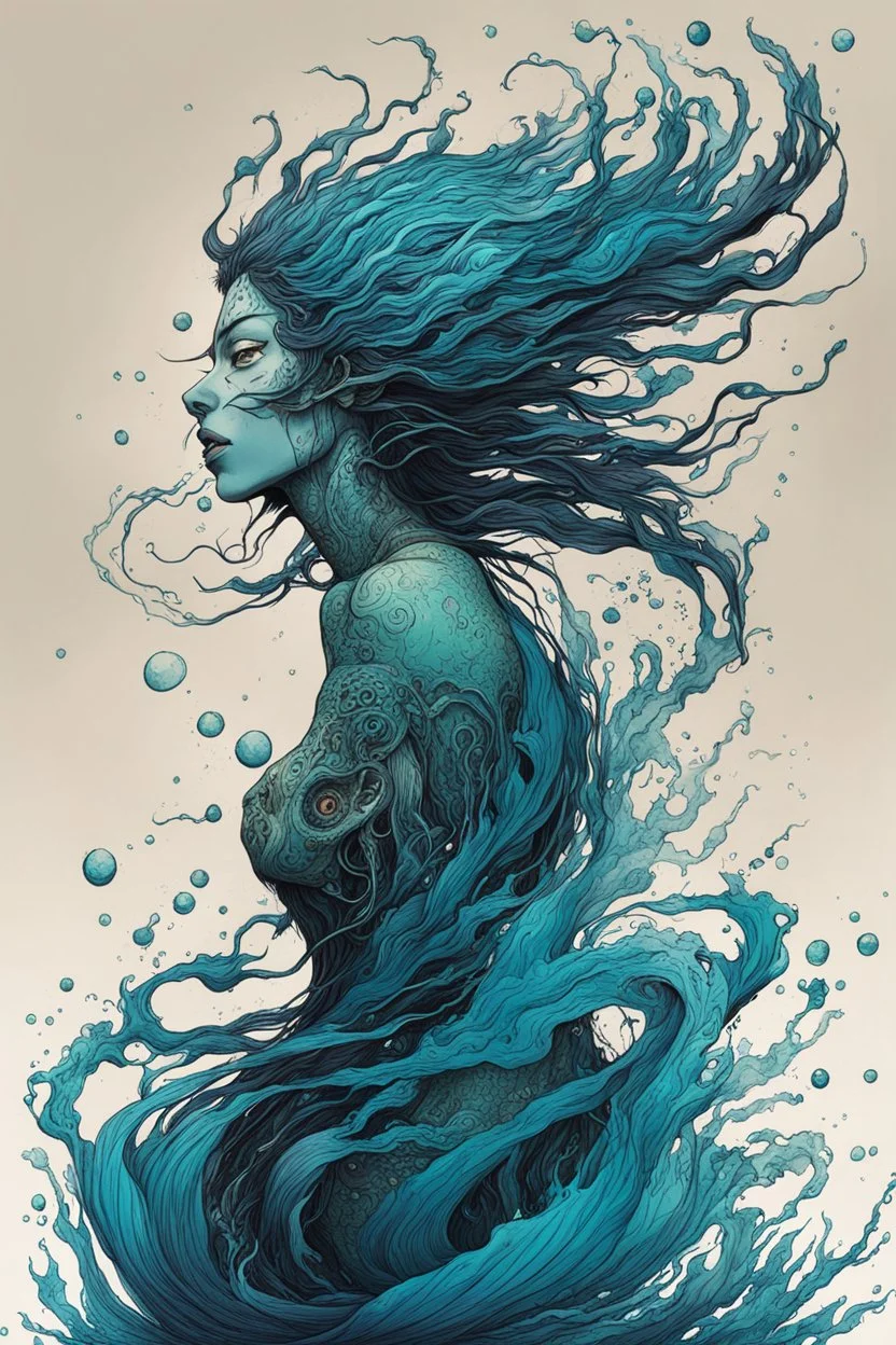 front facing illustration of a shape shifting female Funayurei water spirit in the style of Alex Pardee , Jean Giraud Moebius, and Katsushika Hokusai, highly detailed, boldly inked, deep murky aquatic color