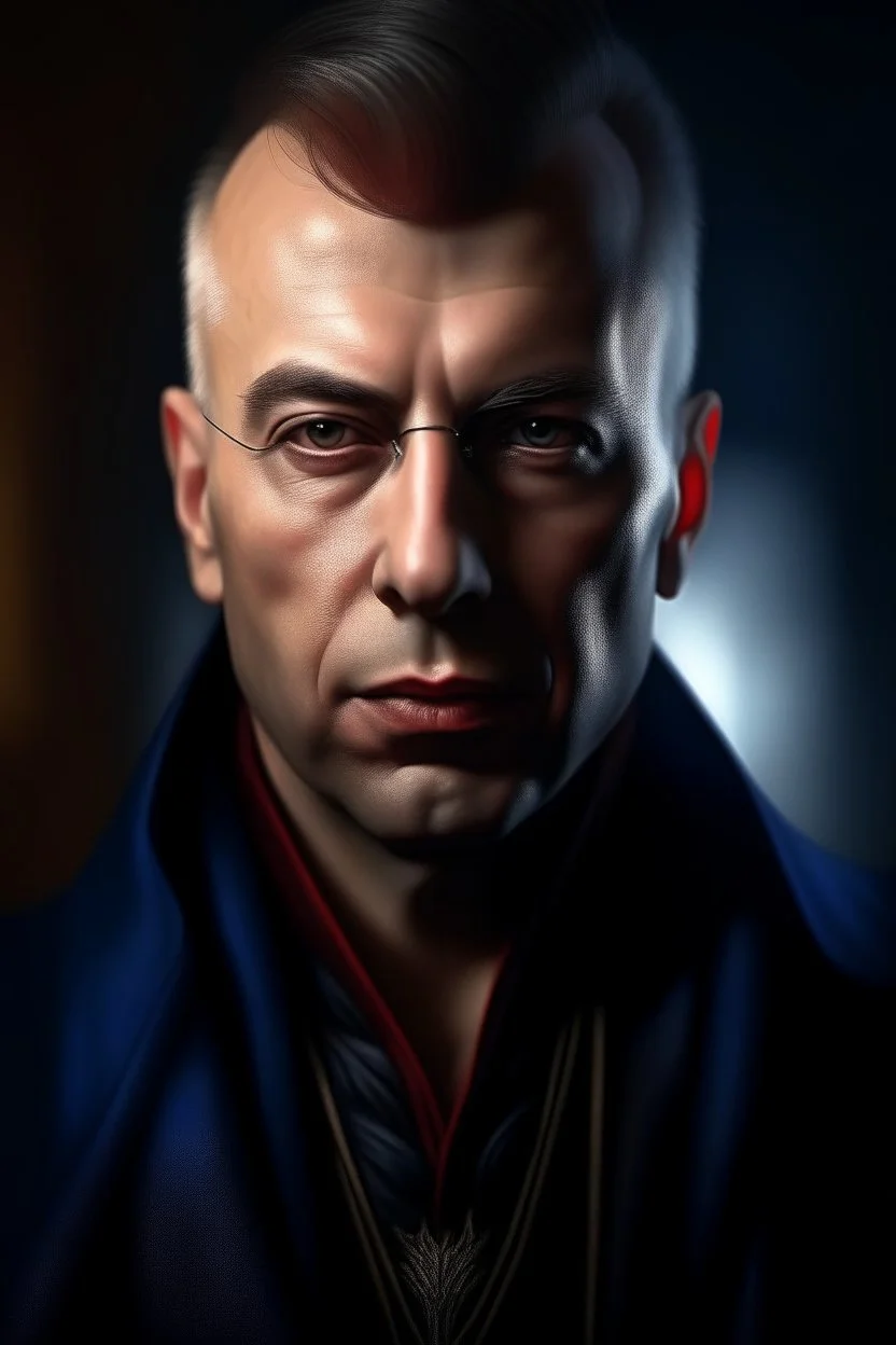 oil painting of vampire portrait in spotlight feeling in control, zeiss prime lens, bokeh like f/0.8, tilt-shift lens 8k, high detail, smooth render, down-light, unreal engine, prize winning