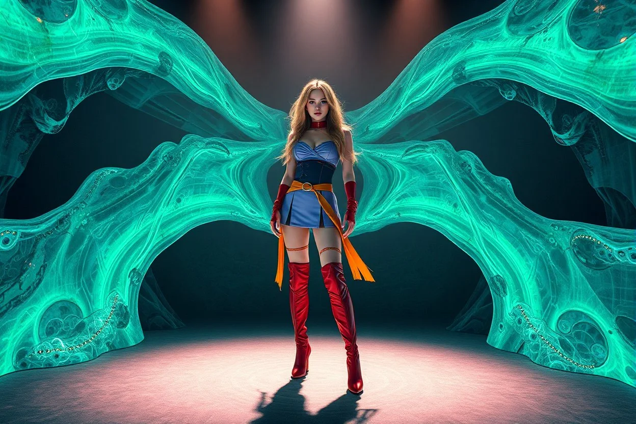 beautiful fuubody with long boots lady in sureal stage made of fractal random size sphers with helical strip colors in clothing similar to environment fullbody posing to camera