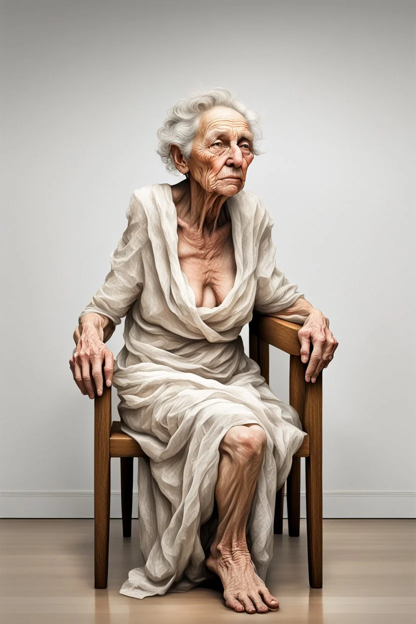 an old wrinkled woman sitting on a wooden chair, half dressed in dropped cloth, she is on display in a high end white art gallery, she is quite and no emotions, the original painting of Venus is on display on the wall, .ultra realistic photo,. highly detailed 32k, strange and weird modern art creation, surrealistic image