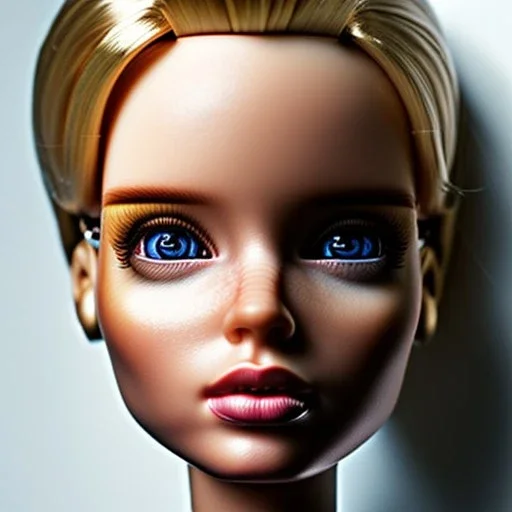 Foto realista. Una Cabeza de muñeca barbie decapitada sin cuerpo. Foto de estudio. Pared de fondo. Gran angular. Simetría. Ultra hd.