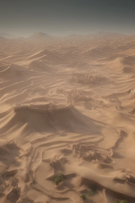 fantasy, ancient, chinese town, desert, dune, crater, sand strom, destroyed chinese houses