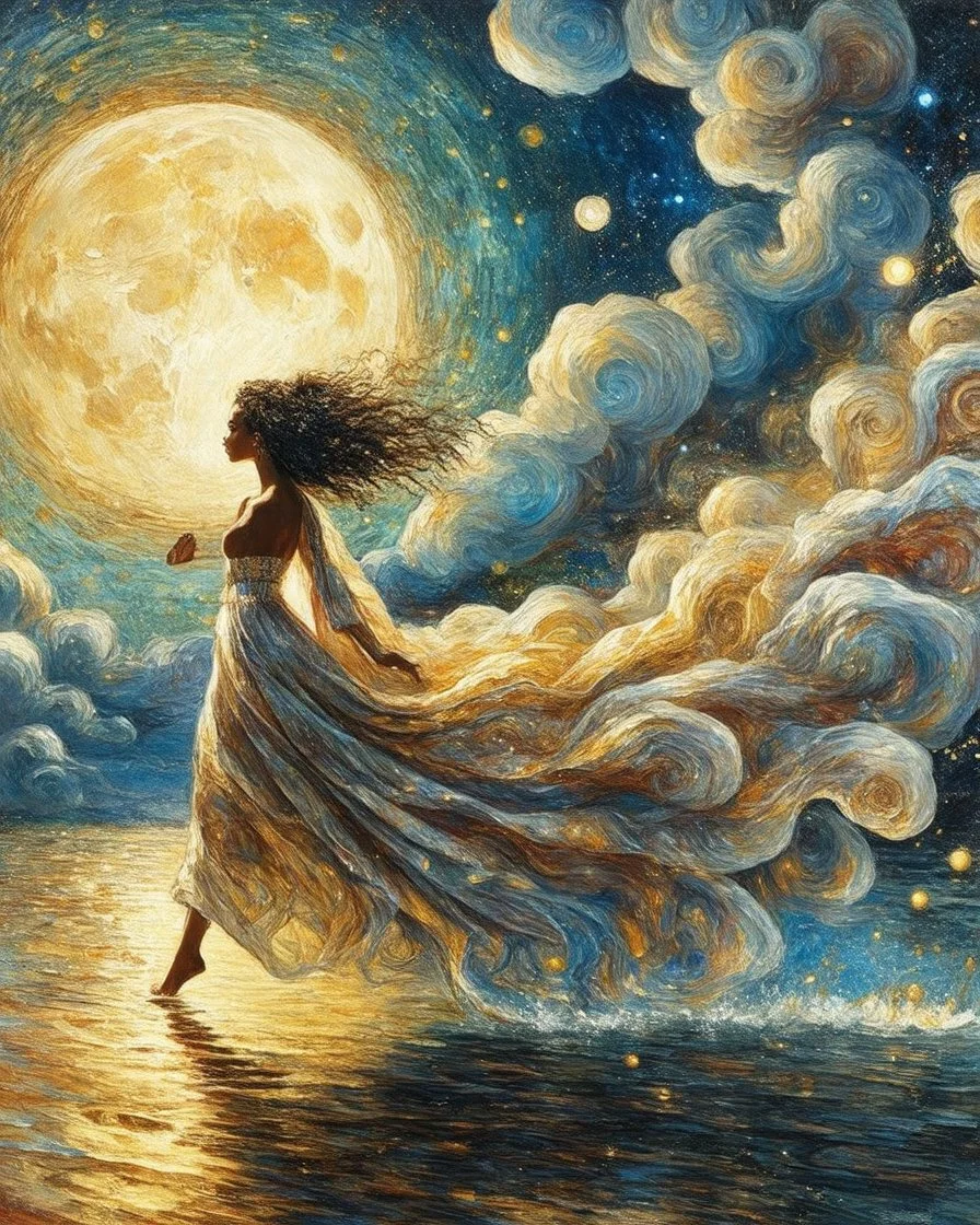 No corners drawing lines dots Kandinsky A full-body pretty African Asian moon goddess draped in flowing celestial fabric walks on water beneath a glowing full moon. Her gown unfurls like clouds, catching starlight and golden dust in the night air. The scene is surreal and divine, with painterly textures and a balance of shadow and illumination vertical Award winning imagery trompe l'oeil 3D surrealism masterpiece of Odilon Redon's dreamlike surrealism. kintsugi painting of abstract squares creat