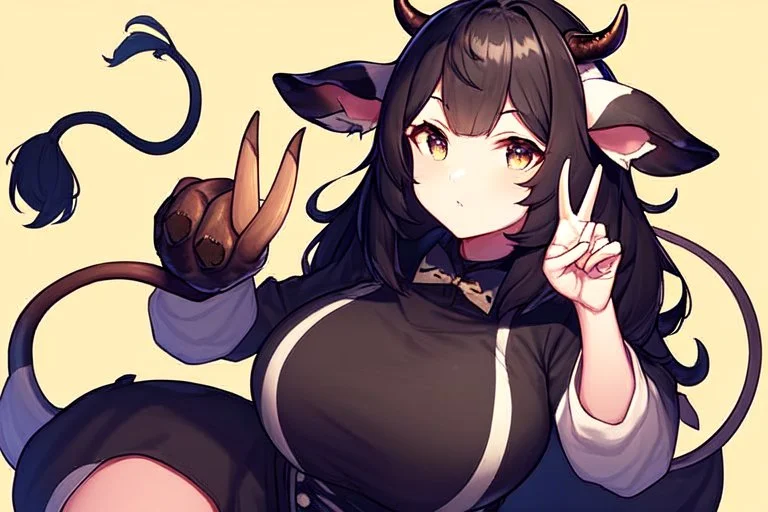 Girl, cow tail, cow horns, cow ears, dark hair, hooves on hand, cow hand