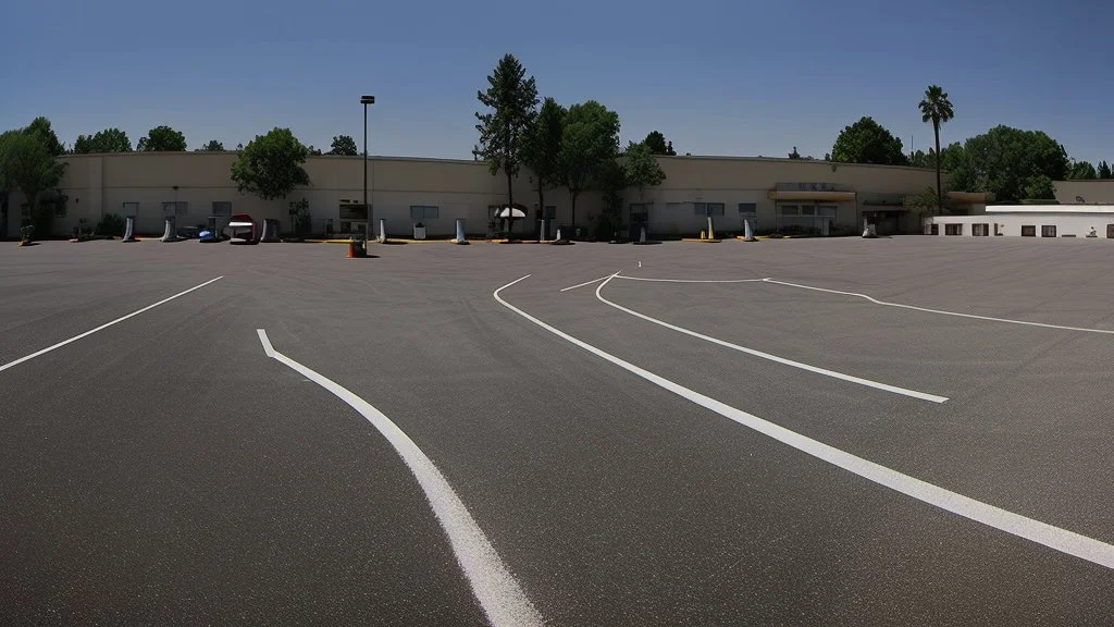 wide angle shot of crying woman driving through parking lot away from visible hotel building