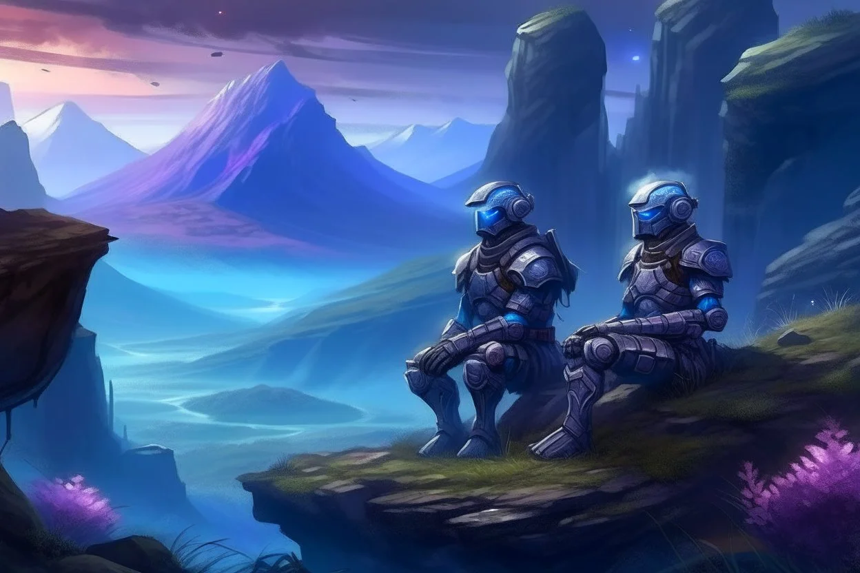 two medieval soldiers in armor sitting near rocks while looking at distant mountains with purple and blue distant mist and glowing mushrooms and plants around the soldiers